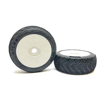 Pneus ATLAS montés-collés sur jantes blanches 1/8e buggy (la paire) (choix de la dureté) MATRIX