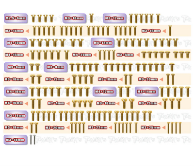 Kit complet de vis acier nitride doré UFO pour Tekno EB48 2.2 (161pcs) T-WORK'S
